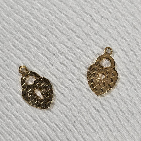 Vintage Enamel Over Gold Tone Pair Of Green Heart Lock Charms Small 1/2 Inch - Picture 2 of 3